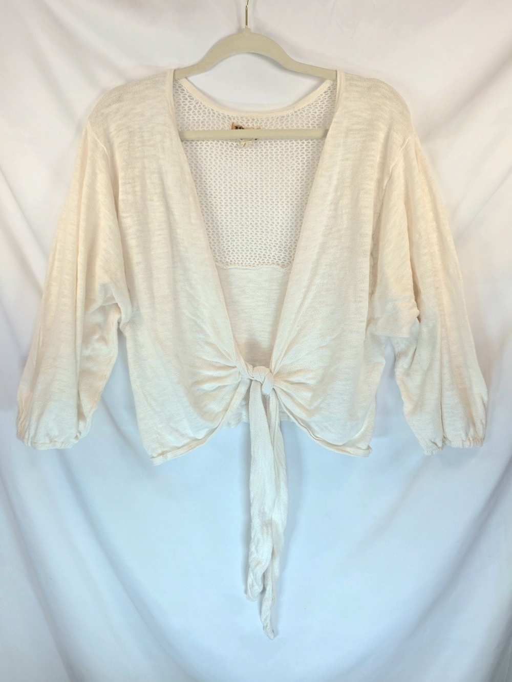 Mudd Off-White Cotton Fairycore Boho Knit 3/4 Sleeve Crop Tie Cardigan  Plus 1X